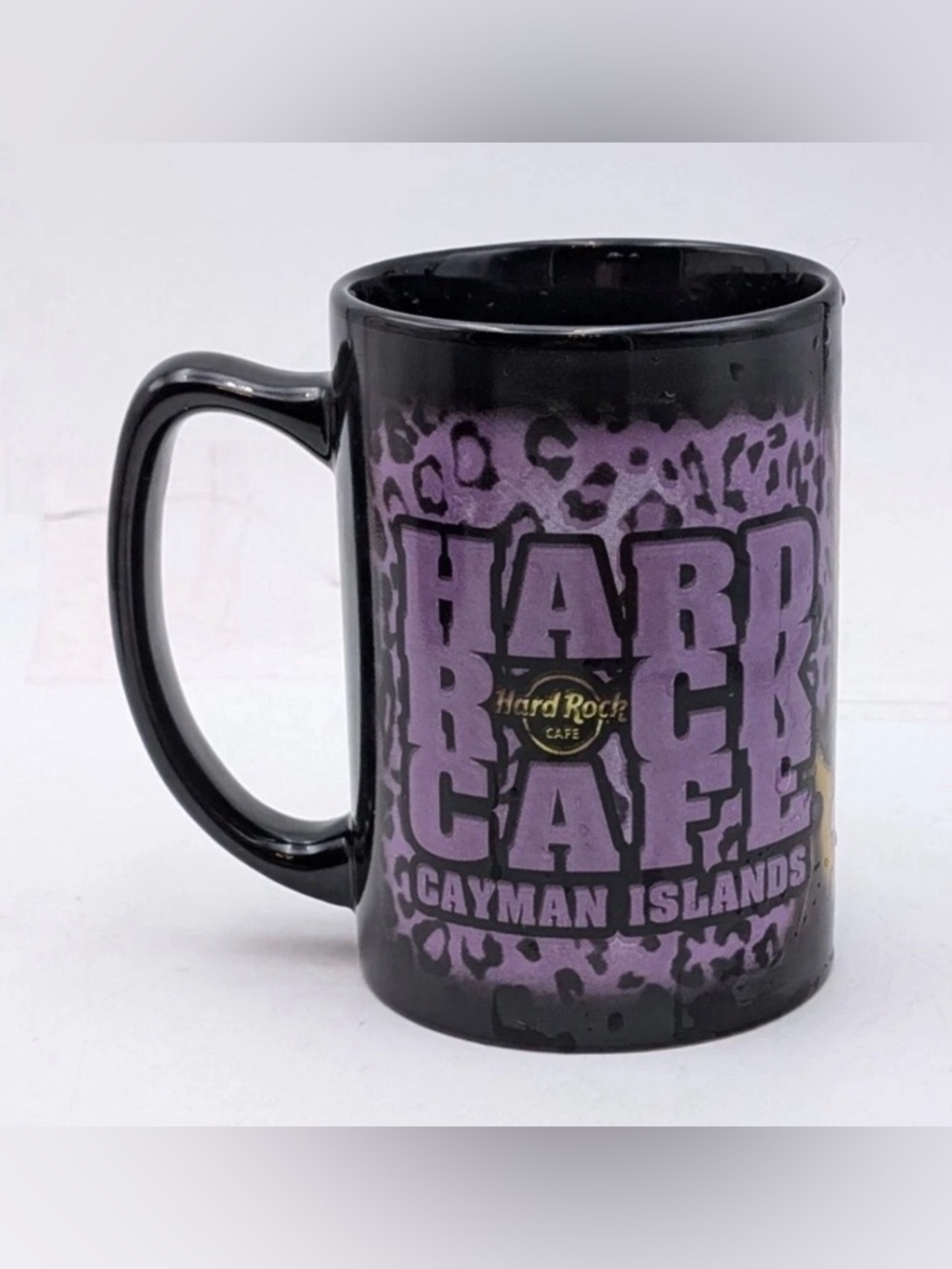 Hard Rock Cafe Cayman Islands Black Purple Leopard Print Coffee Mug 4.5in